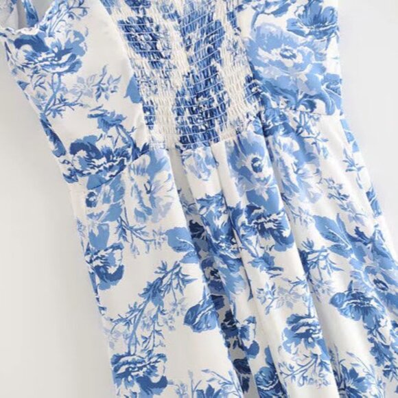 Blue Toile Floral Ruffle Midi Dress by Manu Reformation Nikita Olympia Size 10 - Picture 6 of 16